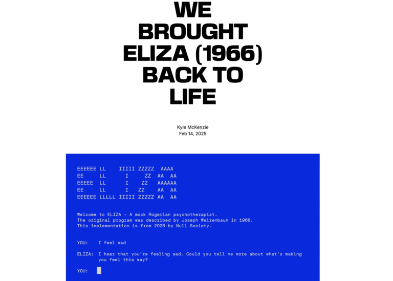 “Screenshot of a modern recreation of the ELIZA chatbot (1966) showing a text-based interface where the user types ‘I feel sad’ and ELIZA replies with ‘I hear that you’re feeling sad. Could you tell me more about what’s making you feel this way?’”