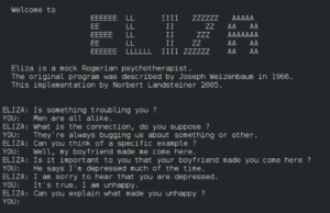 A screenshot of an original ELIZA interface, developed by Joseph Weisenbaum (Source: https://99percentinvisible.org/episode/the-eliza-effect/)